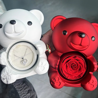 Eternal Rose Teddy Bear Gifts Box with Necklace Rotate Rose Jewelry Box Valentine Wedding Storage Gift Case for Women Girlfriend